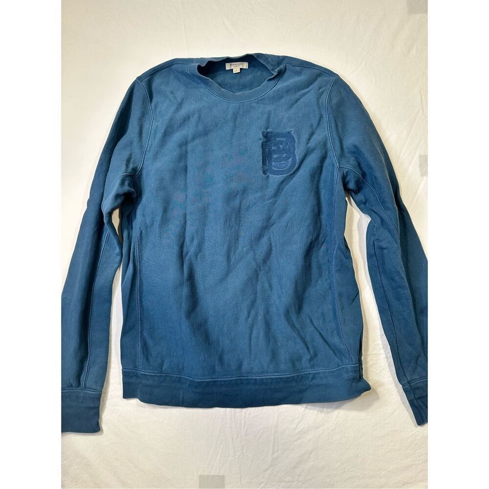 Burberry embroidered washed blue crewneck soft lightweight sweater, size Large